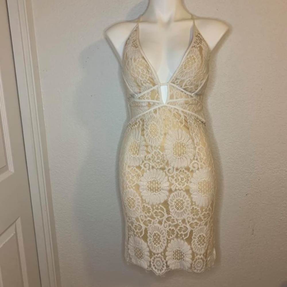 Nude and White Lace Backless Mini Dress